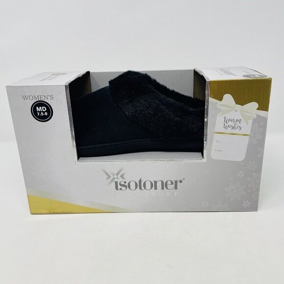 Isotoner Womens 7.5/8 Velour Boxed Clog Slippers Faux-Fur Trim in Black $40 137 - Picture 7 of 9